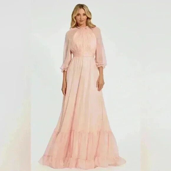 MAC DUGGAL RUFFLED‎ MOCK NECK FLUTTER SLEEVE HIGH LOW HEM GOWN PINK BLUSH SZ 20 - Picture 1 of 6